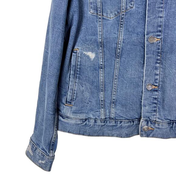 Old Navy Denim Trucker Jacket Coors Banquet Rodeo Patch Distressed L - Picture 2 of 7